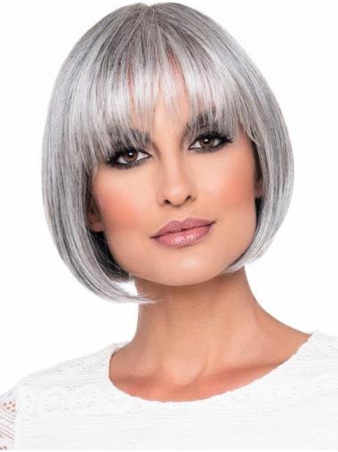 Cheapest Monofilament Remy Human Hair Straight Chin Length Grey Wigs