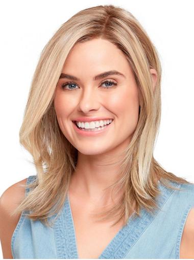 Blonde Shoulder Length 14" Wavy Synthetic Without Bangs Mono Wig