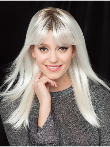 16" Capless Platinum Blonde With Bangs Synthetic Ladies Long Wig 